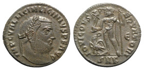 Licinius I (308-324). Æ Follis (22mm, 3.24g, 12h). Cyzicus, 313-5. Laureate head r. R/ Jupiter standing l., holding Victory on globe and sceptre; eagl...