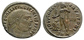 Licinius I (308-324). Æ Follis (23mm, 3.22g, 12h). Cyzicus. Laureate head r. R/ Jupiter standing l., holding victory and sceptre; eagle at feet; VII//...