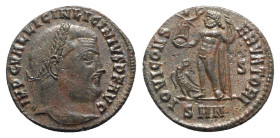 Licinius I (308-324). Æ Follis (19mm, 3.43g, 12h). Nicomedia, 311-7. Laureate head r. R/ Jupiter standing l., holding globe surmounted by Victory, lea...