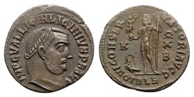 Licinius I (308-324). Æ Follis (20mm, 3.42g, 12h). Alexandria, 316-7. Laureate head r. R/ Jupiter standing facing, head l., holding Victory on globe a...