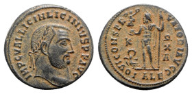 Licinius I (308-324). Æ Follis (21mm, 4.13g, 12h). Alexandria, 316-7. Laureate head r. R/ Jupiter standing facing, head l., holding Victory on globe a...