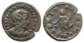 Maximinus II (310-313). Æ Follis (23.5mm, 4.00g, 6h). Treveri, 310-3. Laureate and cuirassed bust r. R/ Genius standing facing, head l., holding cornu...
