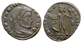 Maximinus II (310-313). Æ Follis (24mm, 6.33g, 6h). Siscia, AD 312. Laureate head r. R/ Jupiter standing l., holding thunderbolt and sceptre; before, ...
