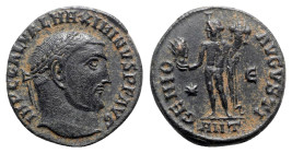 Maximinus II (310-313). Æ Follis (21mm, 4.64g, 12h). Antioch, AD 312. Laureate head r. R/ Genius standing facing, head l., holding patera and cornucop...