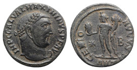 Maximinus II (310-313). Æ Follis (21mm, 4.39g, 6h). Antioch, AD 312. Laureate head r. R/ Genius standing facing, head l., holding cornucopia and bust ...
