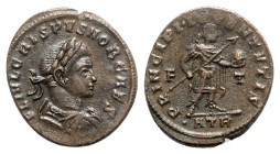 Crispus (Caesar, 316-326). Æ Follis (20.5mm, 3.69g, 6h). Treveri, 317-8. Laureate, draped and cuirassed bust r. R/ Crispus standing r., holding spear ...
