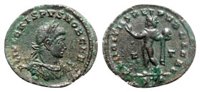 Crispus (Caesar, 316-326). Æ Follis (21mm, 2.44g, 12h). Treveri, 317-8. Laureate, draped and cuirassed bust r. R/ Sol standing l., extending arm and h...
