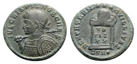 Crispus (Caesar, 323-324). Æ Follis (19mm, 2.71g, 12h). Treveri, AD 322. Laureate and cuirassed bust l., holding spear over shoulder and shield. R/ Gl...