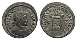Crispus (Caesar, 316-326). Æ Follis (20mm, 3.20g, 12h). Lugdunum, AD 321. Laureate and cuirassed bust r. R/ Globe set upon altar; two stars above; C-R...