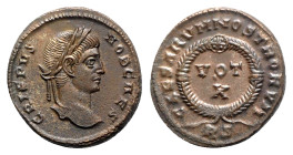 Crispus (Caesar, 316-326). Æ Follis (18.5mm, 3.66g, 12h). Rome. Laureate head r. R/ VOT/ V in two lines within laurel wreath; RS. RIC VII 229. Near EF...