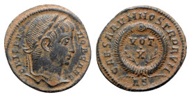 Crispus (Caesar, 316-326). Æ Follis (19mm, 2.83g, 12h). Rome, AD 322. Laureate head r. R/ VOT/ X in two lines between palm-branches, within laurel wre...
