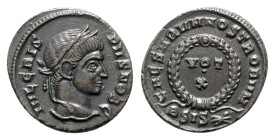 Crispus (Caesar, 316-326). Æ Follis (19mm, 3.67g, 12h). Siscia, 321-4. Laureate head r. R/ VOT/ V in two lines within laurel wreath; ΓSIS-thunderbolt....