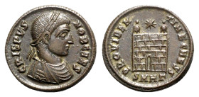 Crispus (Caesar, 316-326). Æ Follis (19mm, 3.35g, 12h). Heraclea, 325-6. laureate, draped and cuirassed bust r. R/ Camp gate with two turrets, no door...