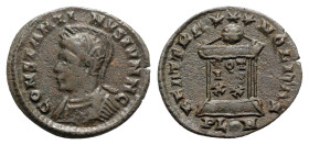 Constantine II (Caesar, 316-337). Æ Follis (20mm, 2.40g, 6h). Londinium, 320-1. Helmeted and cuirassed bust l. R/ Globe on altar inscribed VOT/IS/XX i...