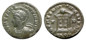 Constantine II (Caesar, 316-337). Æ Follis (19mm, 2.63g, 6h). Londinium, 322-3. Helmeted and cuirassed bust l. R/ Globe set on altar inscribed with VO...