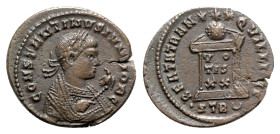 Constantine II ( Caesar, 316-337). Æ Follis (20mm, 3.52g, 6h). Treveri, AD 323. Laureate bust r., wearing imperial robes, holding eagle-tipped sceptre...
