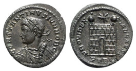 Constantine II (Caesar, 316-337). Æ Follis (19mm, 3.02g, 12h). Treveri, AD 326. Laureate, draped and cuirassed bust l. R/ Camp-gate with two turrets, ...
