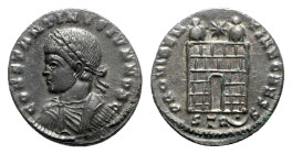 Constantine II (Caesar, 316-337). Æ Follis (19mm, 3.10g, 12h). Treveri, AD 326. Laureate, draped and cuirassed bust l. R/ Camp-gate with two turrets, ...