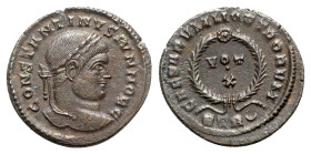 Constantine II (Caesar, 316-337). Æ Follis (20mm, 3.01g, 12h). Treveri, 323-4. Laureate head r. R/ Wreath enclosing VOT/X in two lines; STR-crescent. ...
