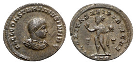 Constantine II (Caesar, 316-337). Æ Follis (20mm, 2.74g, 6h). Treveri, 317-8. Bareheaded, draped and cuirassed bust r. R/ Sol standing l., raising han...