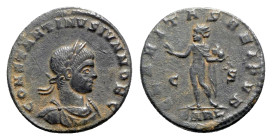 Constantine II (Caesar, 316-337). Æ Follis (19mm, 3.17g, 6h). Arelate, 317-8. Laureate, draped and cuirassed bust r. R/ Sol standing l., raising hand ...