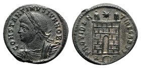 Constantine II (Caesar, 316-337). Æ Follis (20mm, 4.12g, 6h). Rome, c. AD 326. Laureate, draped and cuirassed bust l. R/ Camp-gate with two turrets an...