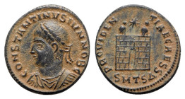 Constantine II (Caesar, 316-337). Æ Follis (19mm, 3.29g, 12h). Thessalonica, 326-8. Laureate, draped and cuirassed bust l. R/ Camp gate with two turre...