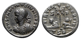 Constantine II (Caesar, 316-337). Æ Follis (19mm, 3.51g, 6h). Thessalonica, AD 320. Laureate, draped and cuirassed bust l. R/ Two captives seated at b...