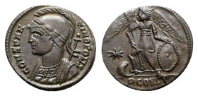 Commemorative series, c. 330-354. Æ (18mm, 2.50g, 12h). Arelate, 332-3. Helmeted and mantled bust of Constantinople l., holding sceptre. R/ Victory st...