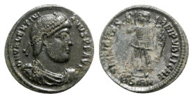 Valentinian I (364-375). Æ (19mm, 2.19g, 12h). Sirmium, AD 364. Pearl-diademed, draped and cuirassed bust r. R/ Victory advancing l., holding wreath a...