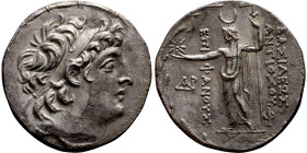 Antiochus VIII Grypus (Seleukid King: 125-96 BC) Akka. AR Tetradrachm. Mint: Akka Obv: Diademed head of Antiochus VIII right Rev: BAΣΙΛΕΩΣ ANTIOXOY EΠ...