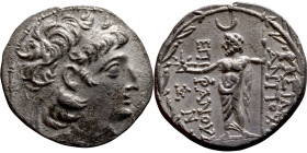 Antiochus VIII Grypus (Seleukid King: 125-96 BC) Akka. AR Tetradrachm. Uncertain Mint Obv: Diademed head of Antiochus VIII right Rev: BAΣΙΛΕΩΣ ANTIOXO...
