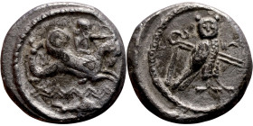 PHOENICIA: Tyre (4th century) Ar Shekel. Obverse: Melkart, holding bow and reins, riding hippocamp right; waves below. Rev: Owl standing right, head f...