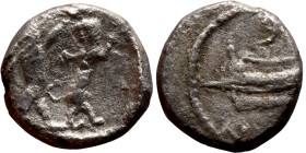 PHOENICIA: Sidon (4th century BC) Ar Obol Obverse: Galley l.; legend in Phoenician, Reverse. Persian king battling lion

8mm 0.62g