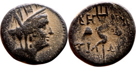 PHOENICIA: Berytus (1 th century BC) Bronze coin Obverse: Bust fo Tyche right , Reverse: BH-RY/TI-WN Dolphin entwined around trident between caps of t...