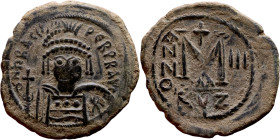 Heraclius (610-641) follis. Mint: Cyzicus. Regaln Year III (613-614) Obverse: N hRACLIVS PeRP AVG, crowned and cuirassed or plumed-helmeted and cuiras...