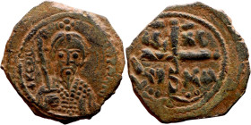Tancred (Regent: 1101-1103, 1104-1112). Follis. Antioch. Obverse: KE BOIΘH TANKRI.Bust of Tancred facing, wearing turban and chain mail, holding sword...