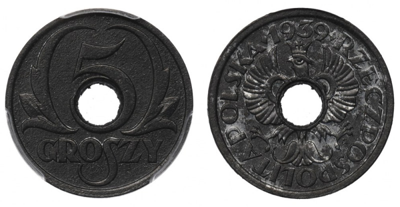 GG, 5 groschen 1939 - PCGS MS63 Piękny, menniczy przykład okupacyjnej pięciogros...