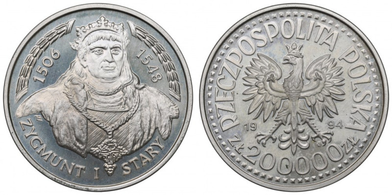III RP, 200.000 zloty 1994 Sigismund I the Old - popiersie Piękny egzemplarz. Pa...