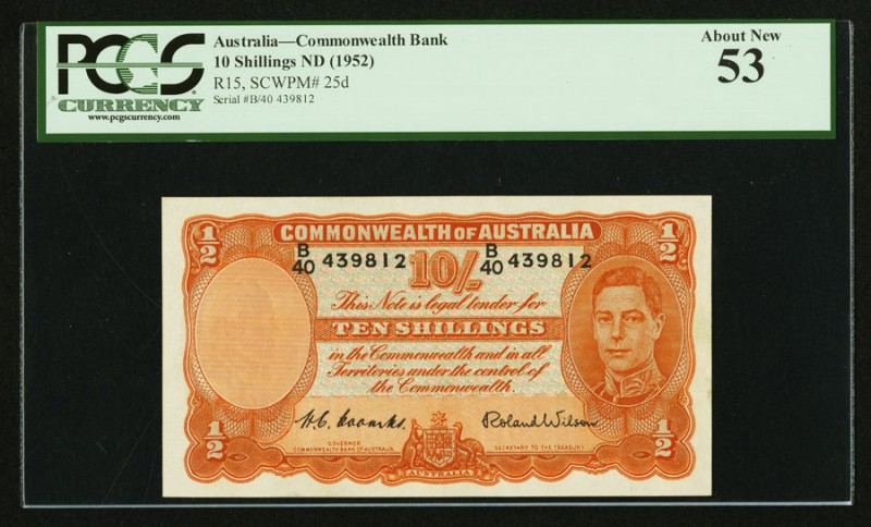 Australia Commonwealth Bank of Australia 10 Shillings ND (1952) Pick 25d R15 PCG...