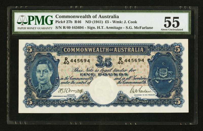 Australia Commonwealth Bank of Australia 5 Pounds ND (1941) Pick 27b R46 PMG Abo...