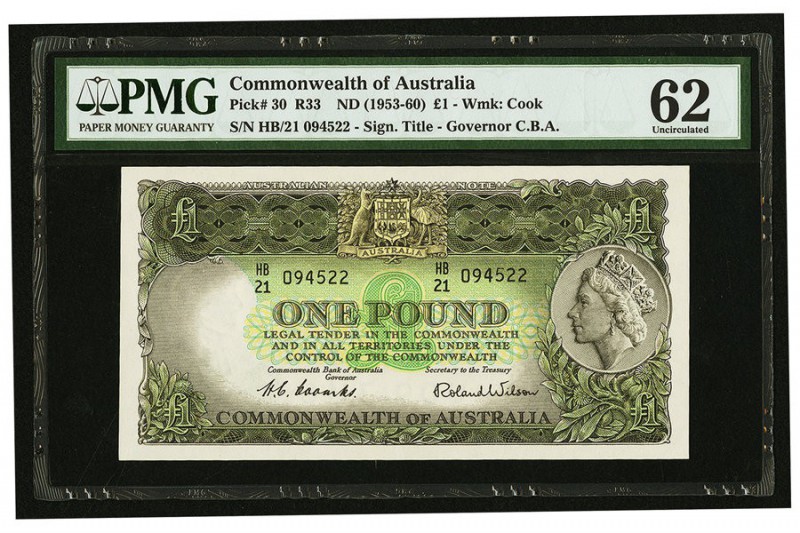 Australia Commonwealth Bank of Australia 1 Pound ND (1953-60) Pick 30 R33 PMG Un...
