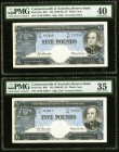 Australia Commonwealth of Australia Reserve Bank 5 Pounds ND (1960-65) Pick 35a R50 Two Consecutive Examples PMG Extremely Fine 40; Choice Very Fine 3...