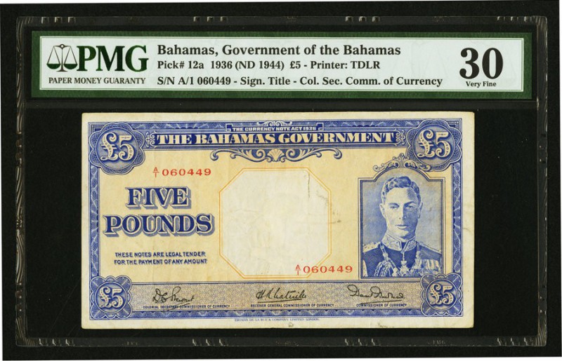 Bahamas Bahamas Government 5 Pounds 1936 (ND 1944) Pick 12a PMG Very Fine 30. 

...