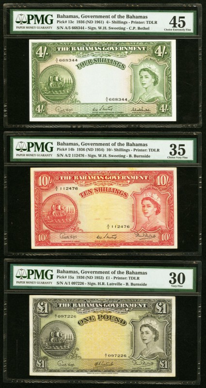 Bahamas Bahamas Government 4; 10 Shillings 1 Pound 1936 (ND 1961) Pick 13c; 14b;...