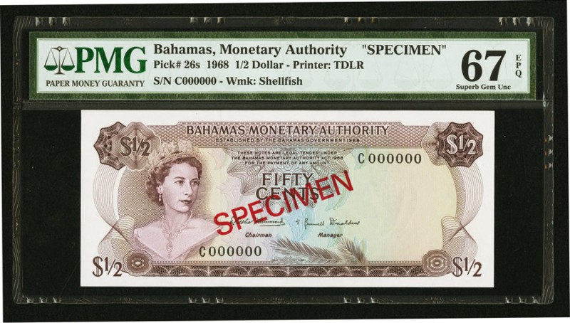 Bahamas Monetary Authority 1/2 Dollar 1968 Pick 26s Specimen PMG Superb Gem Unc ...