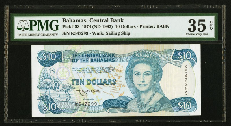 Bahamas Central Bank 10 Dollars 1974 (ND 1992) Pick 53 PMG Choice Very Fine 35 E...