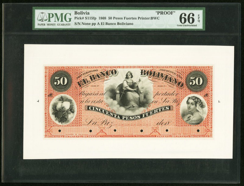 Bolivia Banco Boliviano 50 Pesos 1868 Pick S115fp; S115bp Front And Back Proofs ...
