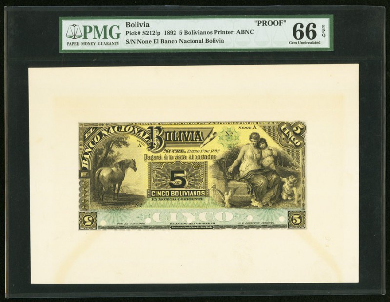 Bolivia Banco Nacional de Bolivia 5 Bolivianos 1.1.1892 Pick S212fp Proof PMG Ge...