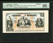 Bolivia Banco Nacional de Bolivia 5 Bolivianos 1.1.1883 Pick S206fp Proof PMG Gem Uncirculated 66 EPQ. 

HID09801242017